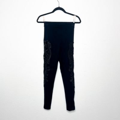 Bebe Women's Black High-Waisted Leggings with Sheer Lace Applique Detail Bebe XS